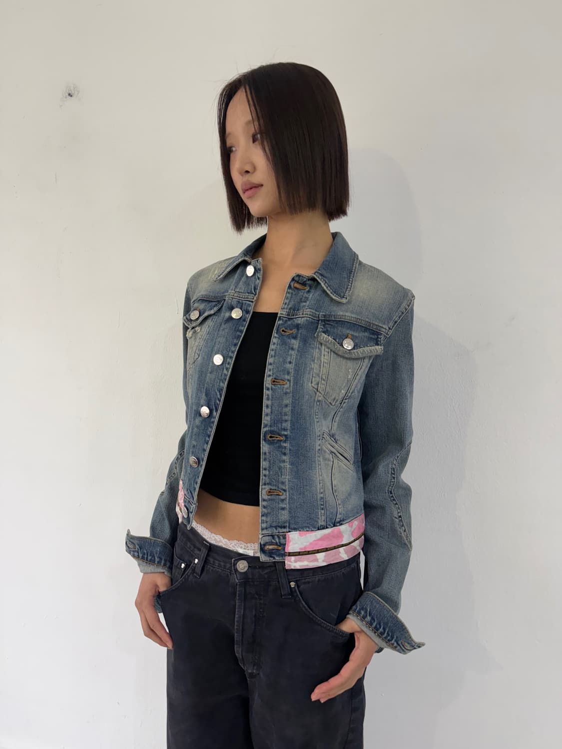 카발리 2000s 핑크 카모 레이어드 데님 자켓 상품이미지2