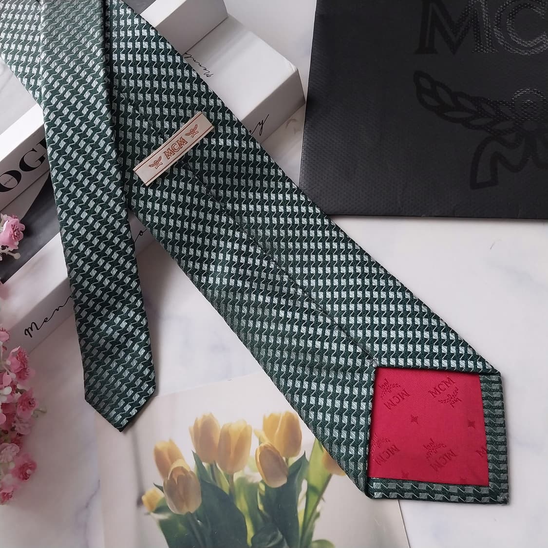 MCM 엠씨엠 실크 그린 패턴 넥타이 8.8cm A+등급 K2773 상품이미지4