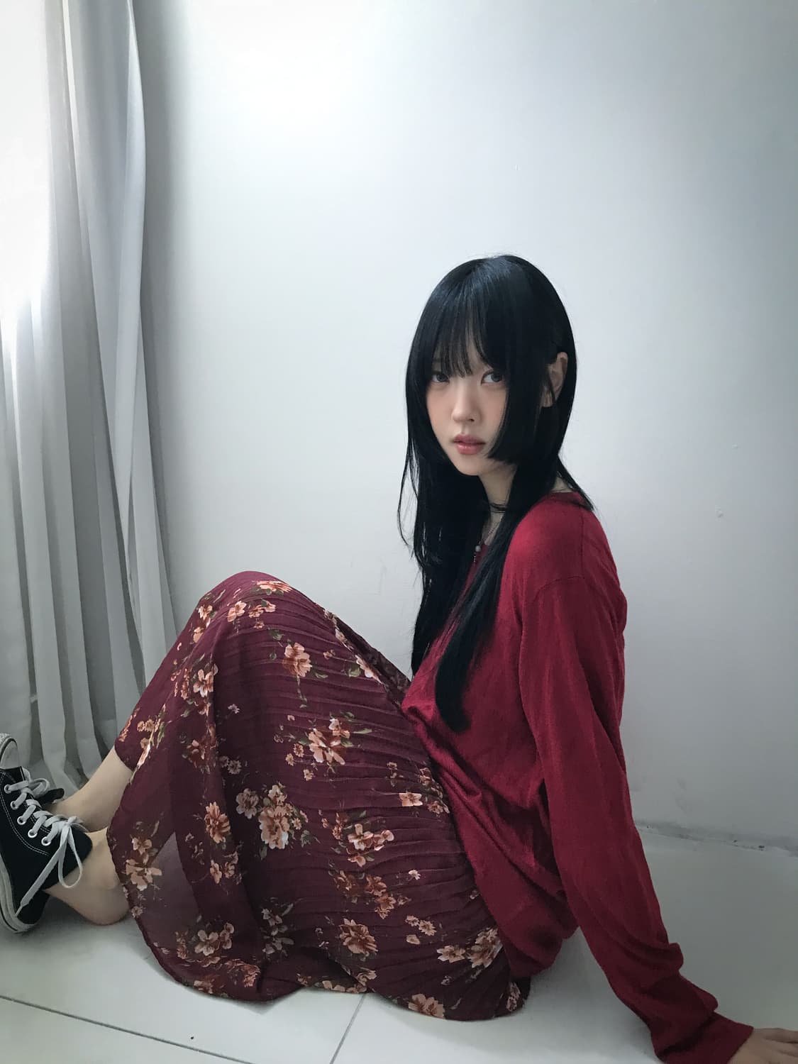 Burgundy Flower Chiffon Skirt 상품이미지7
