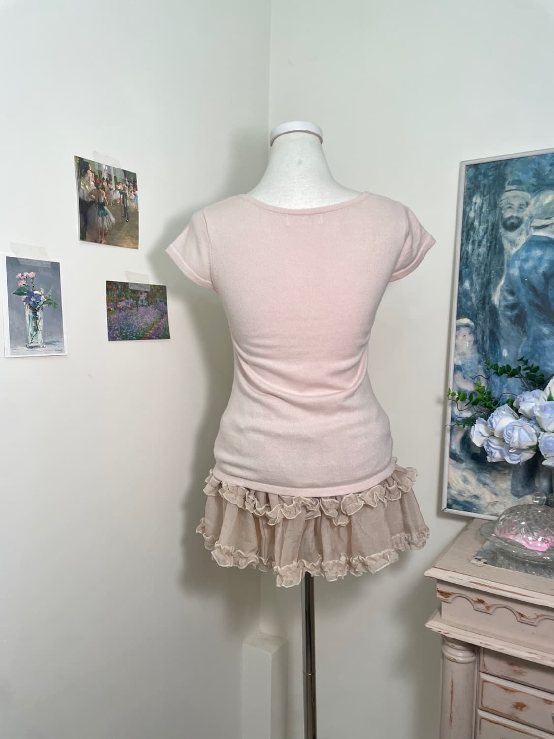FEROUX milky pink bow crochet knit top 상품이미지3