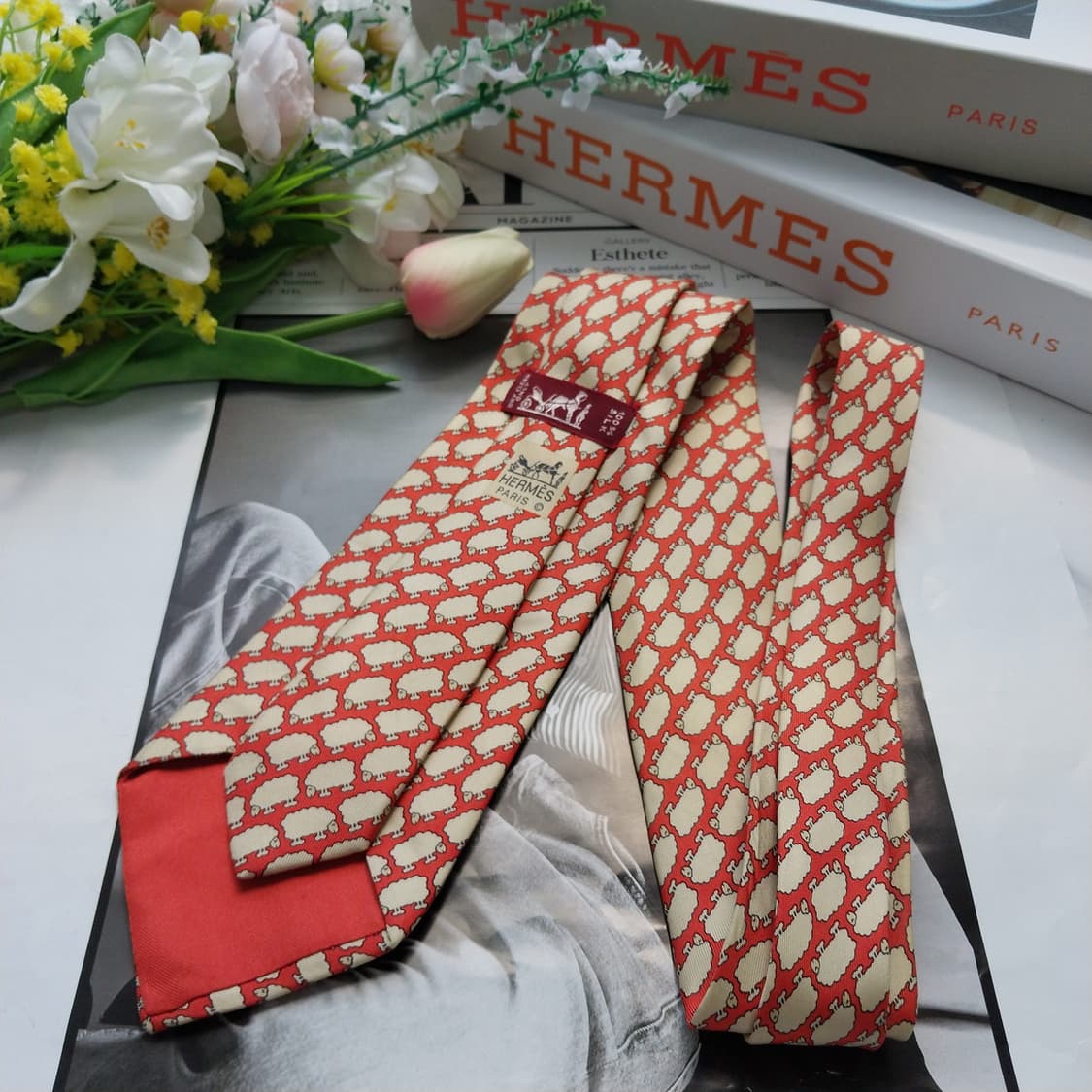 에르메스 실크 오렌지&베이지 양 패턴 넥타이 8.5cm B등급 K783
 상품이미지7