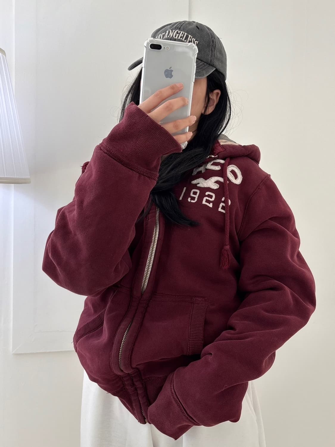 홀리스터 안감 체크 버건디 후드집업 상품이미지1