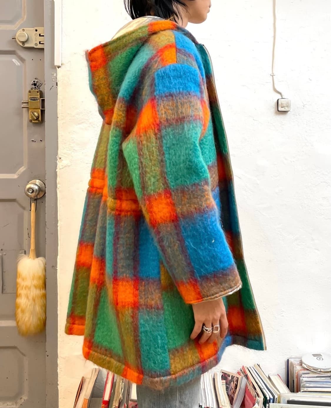 [M] 꾸레쥬 체크 모헤어 울 후드 코트 상품이미지3