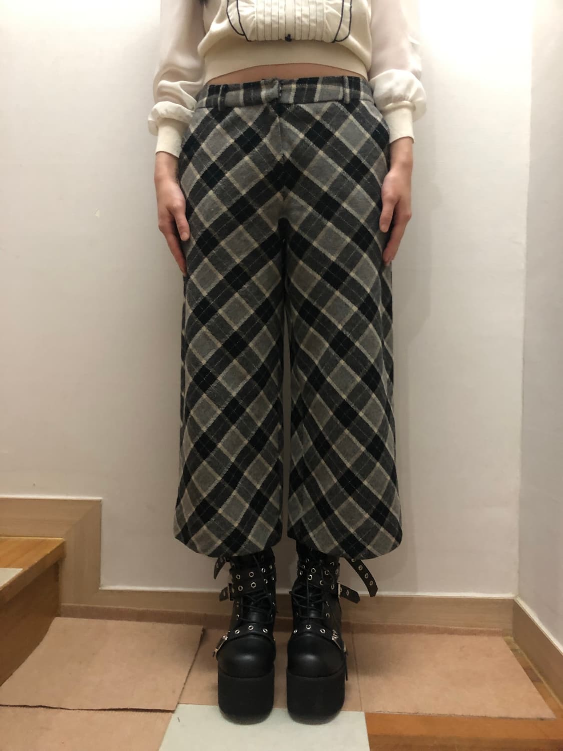 빈티지 그레이 체크 울 팬츠 상품이미지1
