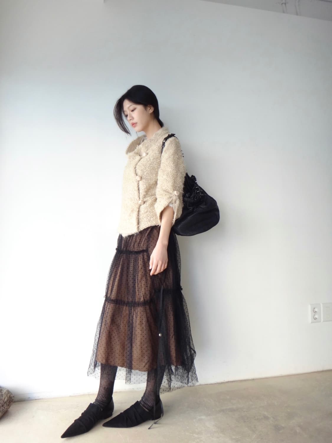 Dot strap mix tulle skirt / black 상품이미지5