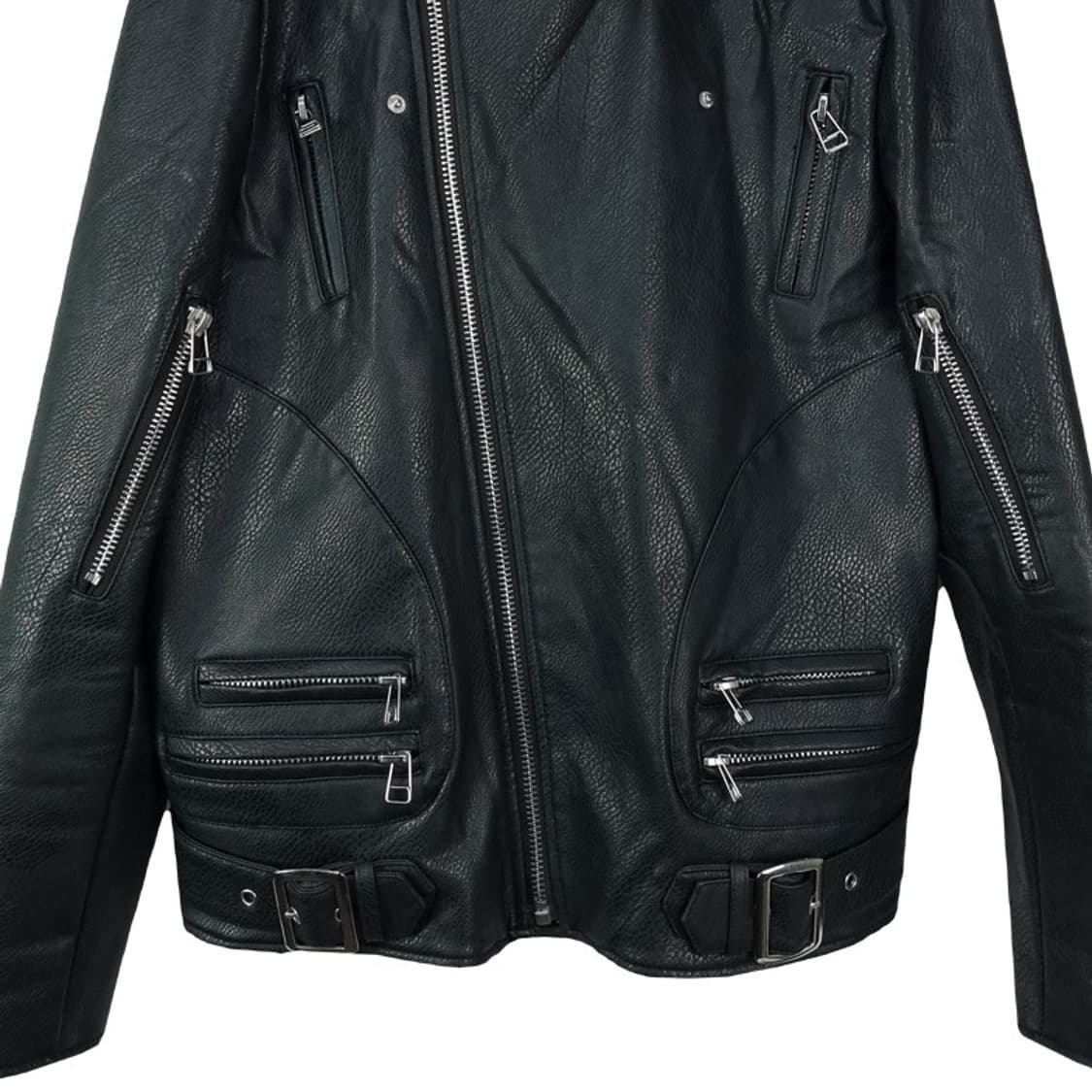 [드레스볼륨] 비건 레더 사선 라이더 자켓 블랙 M19127 상품이미지5