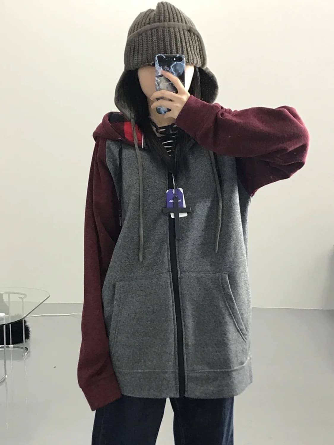 JPN 남색버건디 배색 기모 후드 집업 상품이미지2