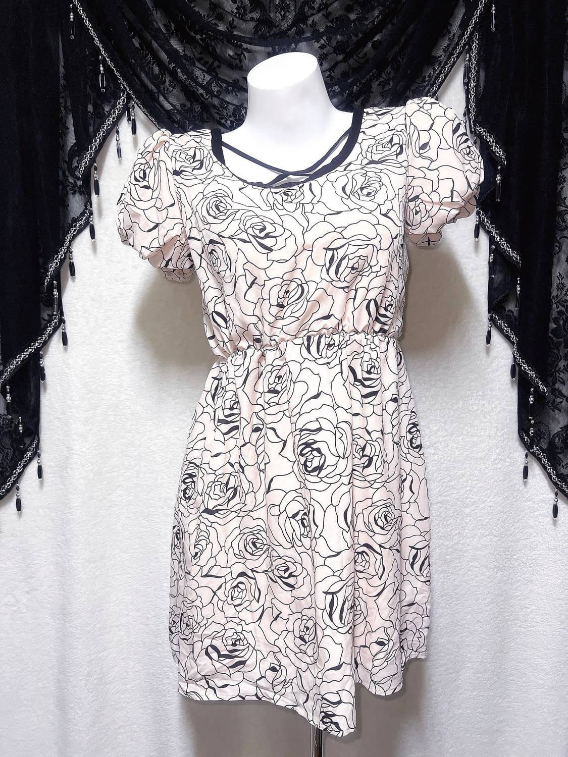 로맨틱 히메갸루 로걀 로즈패턴 퍼프숄더 원피스 드레스 핀터 라떼 러블리 상품이미지6