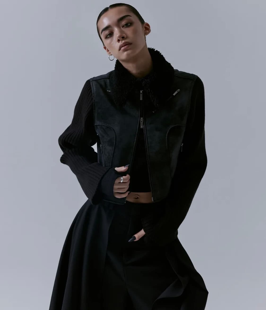 트리밍버드 니트슬리브 크랙 레더자켓  상품이미지2