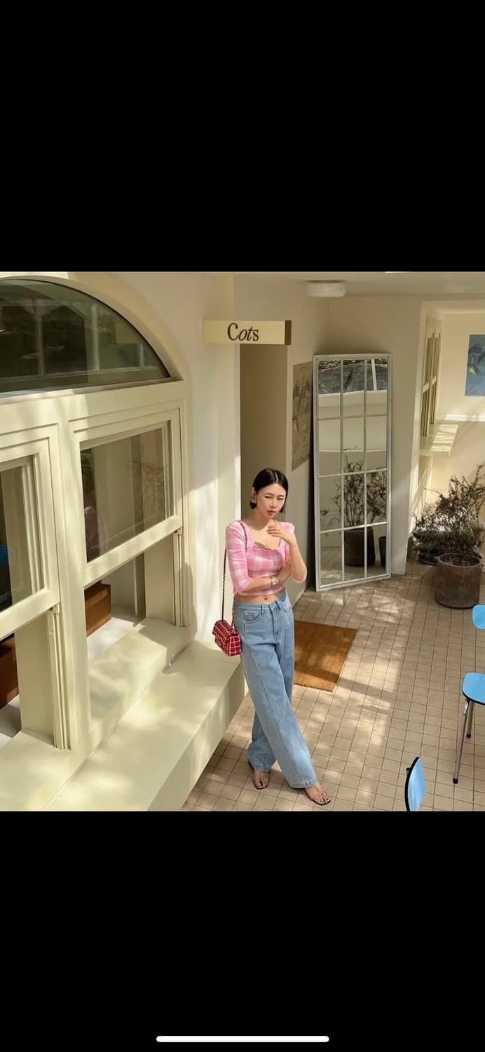 살롱드매그 체크 스퀘어 니트 티 노랑, 분홍 상품이미지3