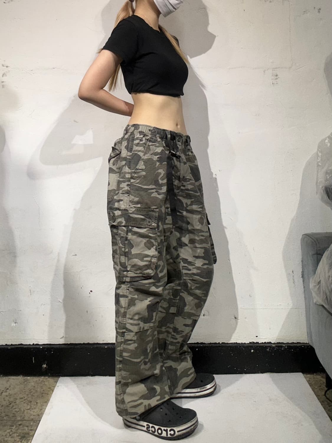 일본 빈티지 카키 밀리터리 카모 와이드 카고 팬츠 L 상품이미지1