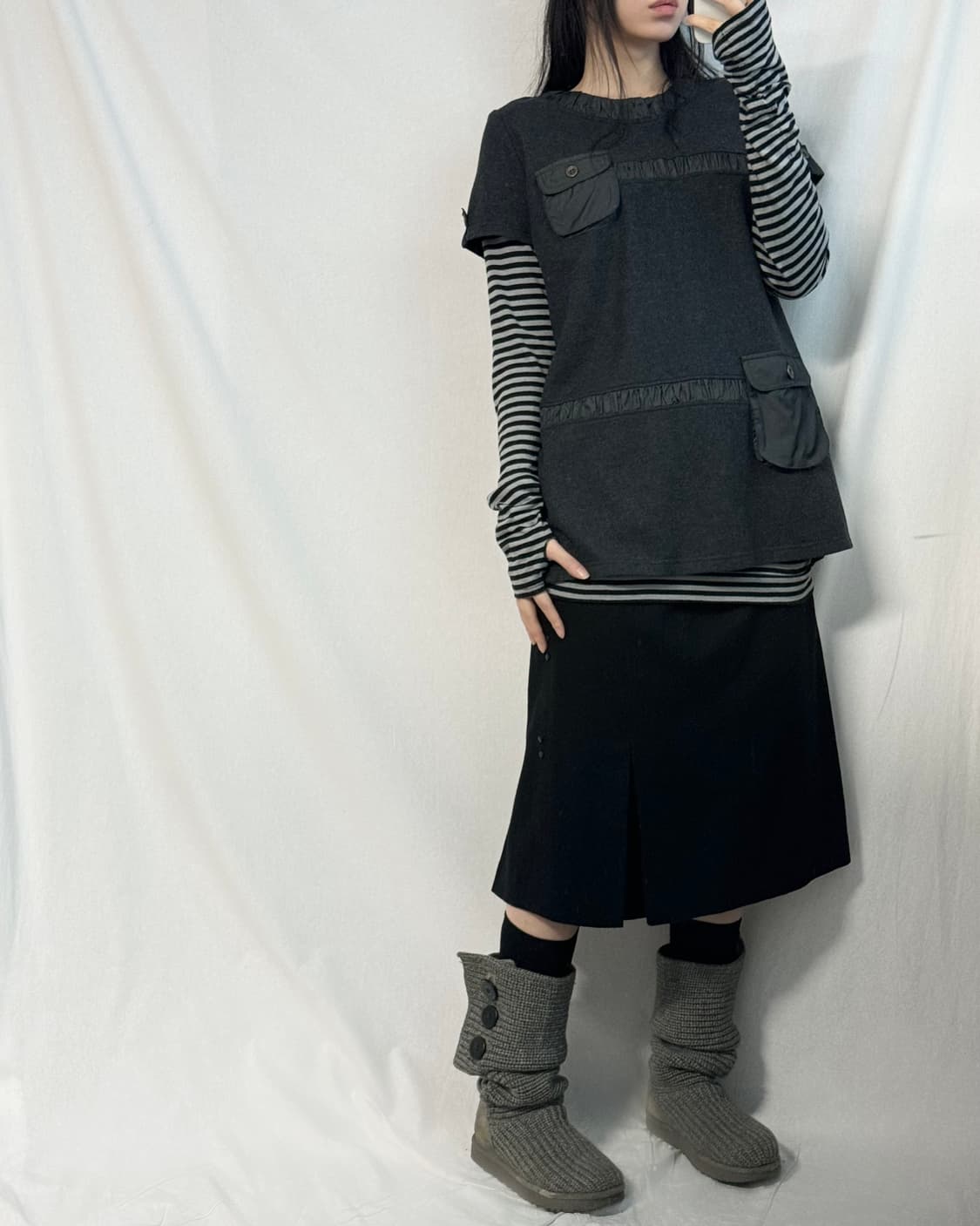 사이드 지퍼 핸드워머 셔링 탑 울 스커트 3pcs SET 상품이미지2