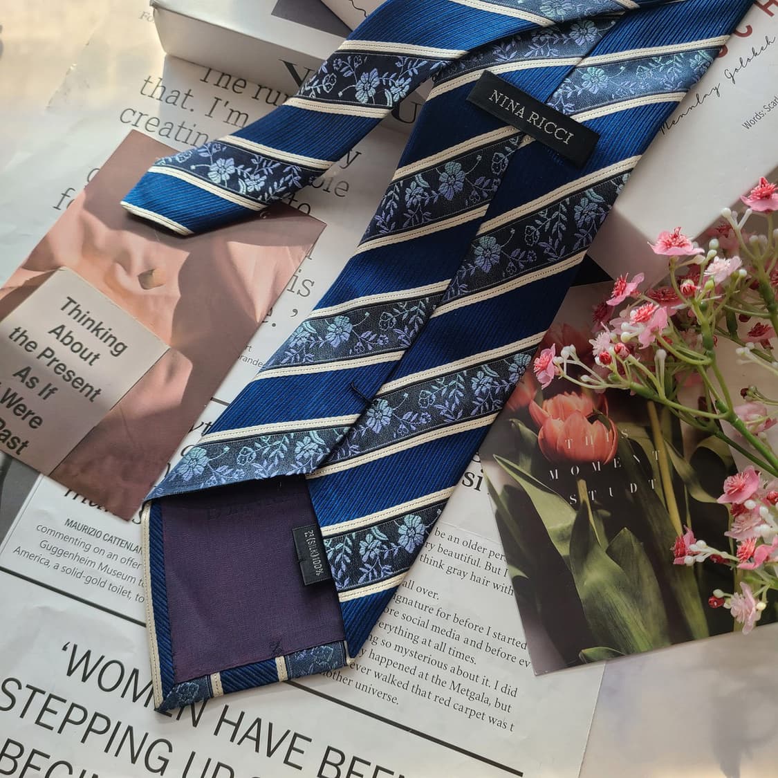 니나리치 실크 스트라이프 플라워 패턴 넥타이 9.4cm A등급 E708 상품이미지3