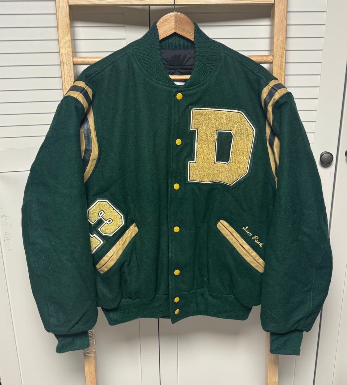 XL 90s delong USA 딥그린 자수 울 봄버 바시티 자켓 상품이미지3