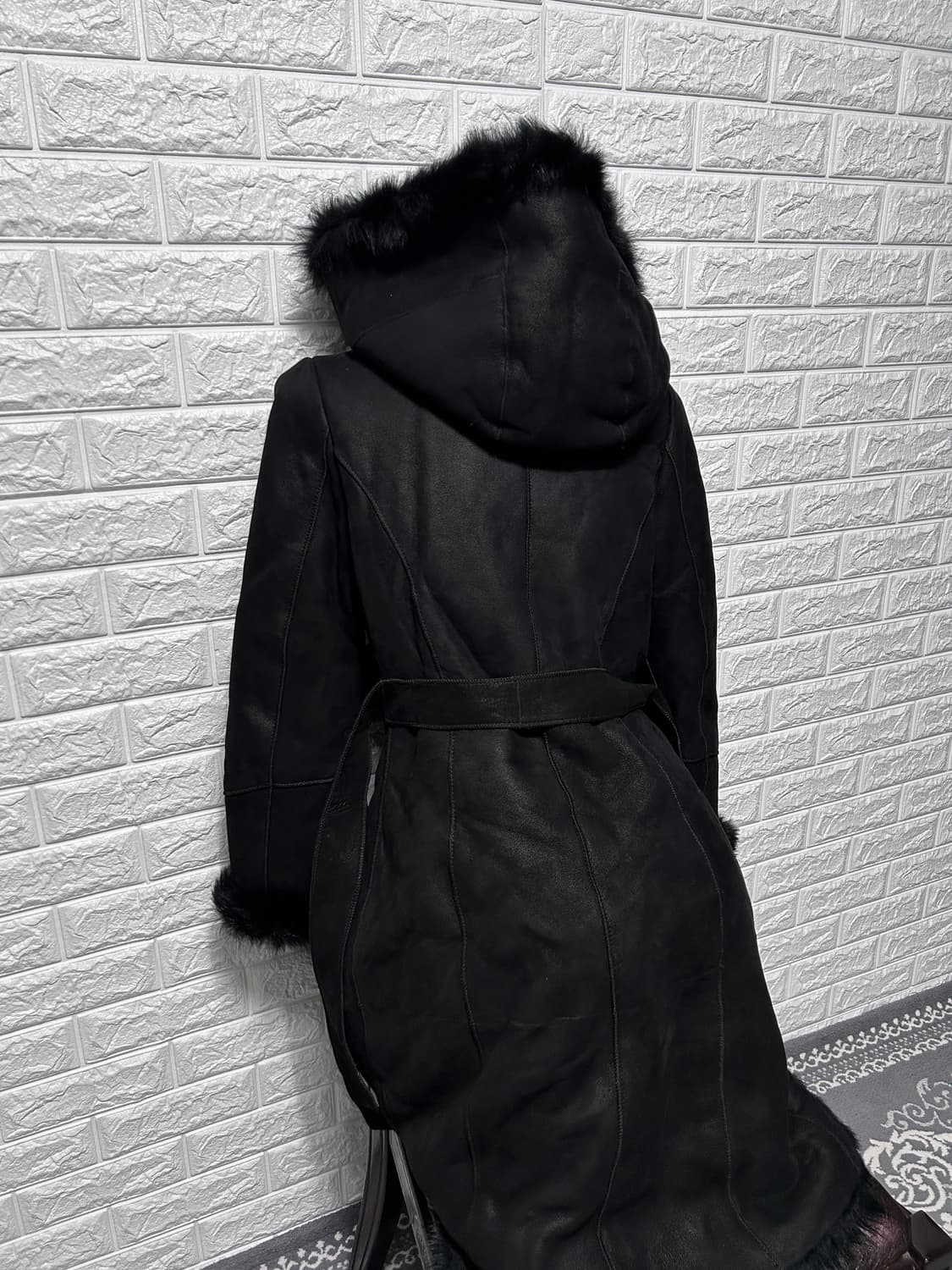 비대칭 시어링 후디 레더 롱 코트 상품이미지8