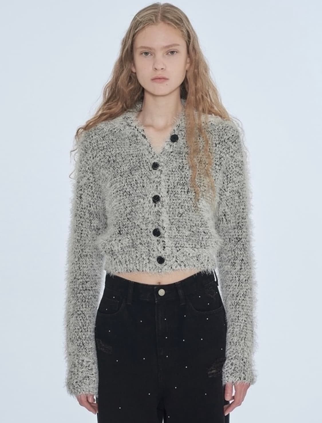 다이애그널 퍼지 믹스드 니트 가디건 블랙 상품이미지1