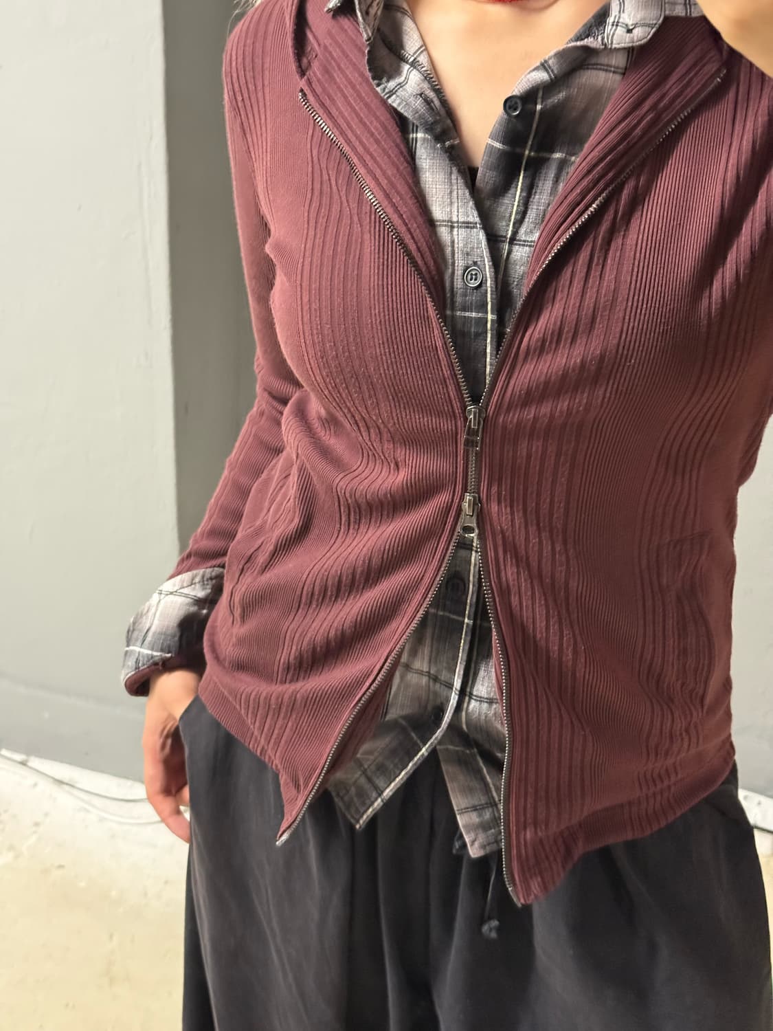 check shirt layered ribbed hood zip-up 상품이미지3