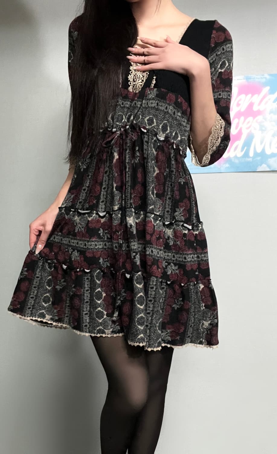 엑시즈팜 엔틱 고스 고딕 레이스 자수 리본 로즈 블랙 원피스  상품이미지4