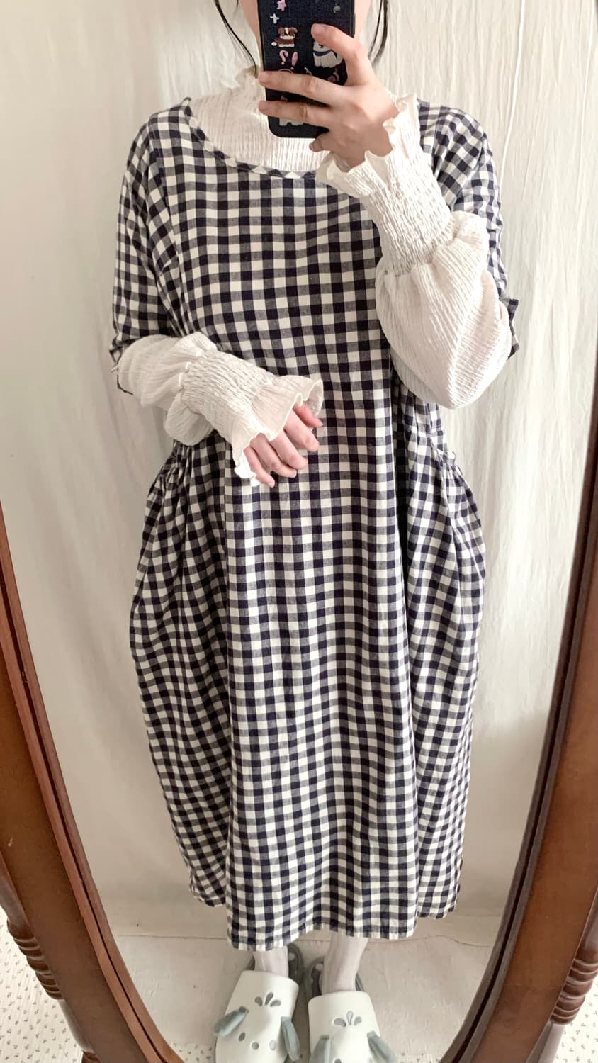 호박핏 네이비 체크 모리 롱원피스 상품이미지4