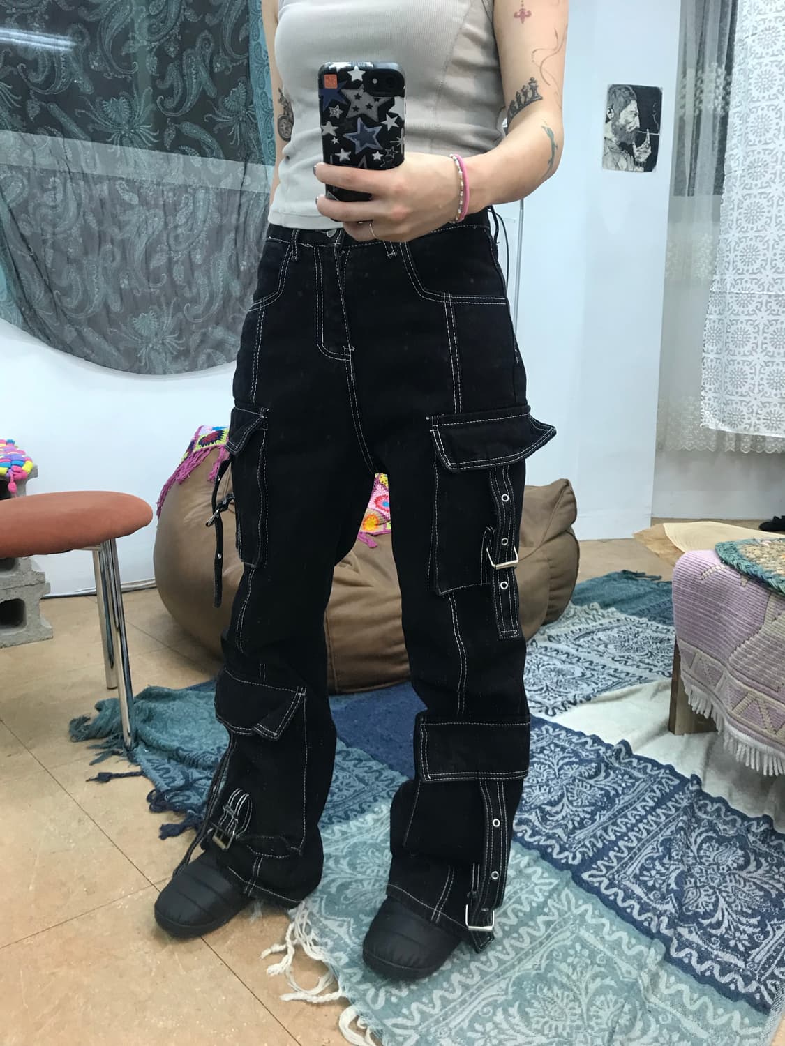 빈티지 여성 스티치 카고 흑청 데님팬츠  상품이미지1