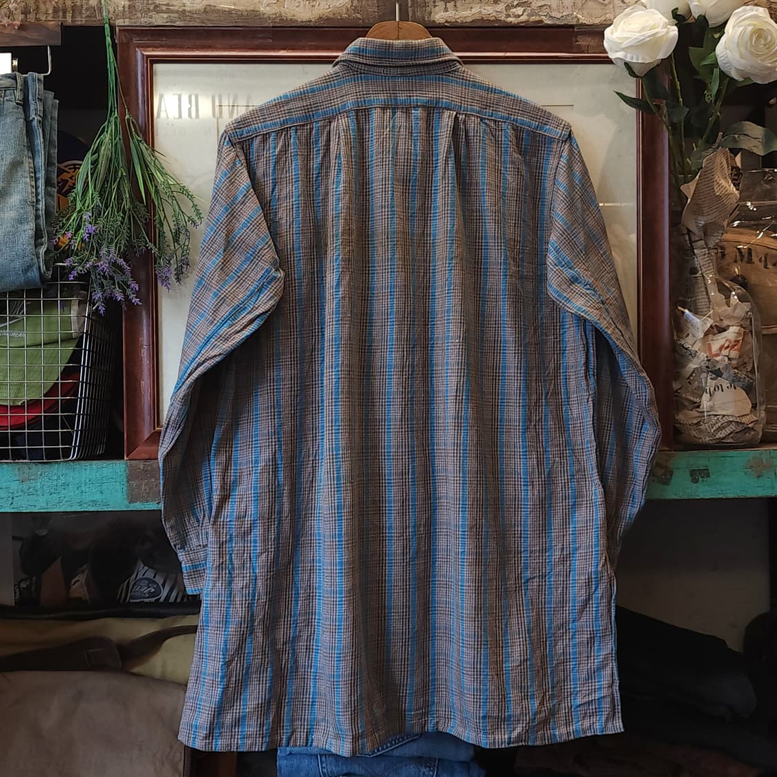 60s 프랑스 워크셔츠 가드너 빈티지 셔츠 그레이 민트 롱 튜닉 셔츠 m 상품이미지3