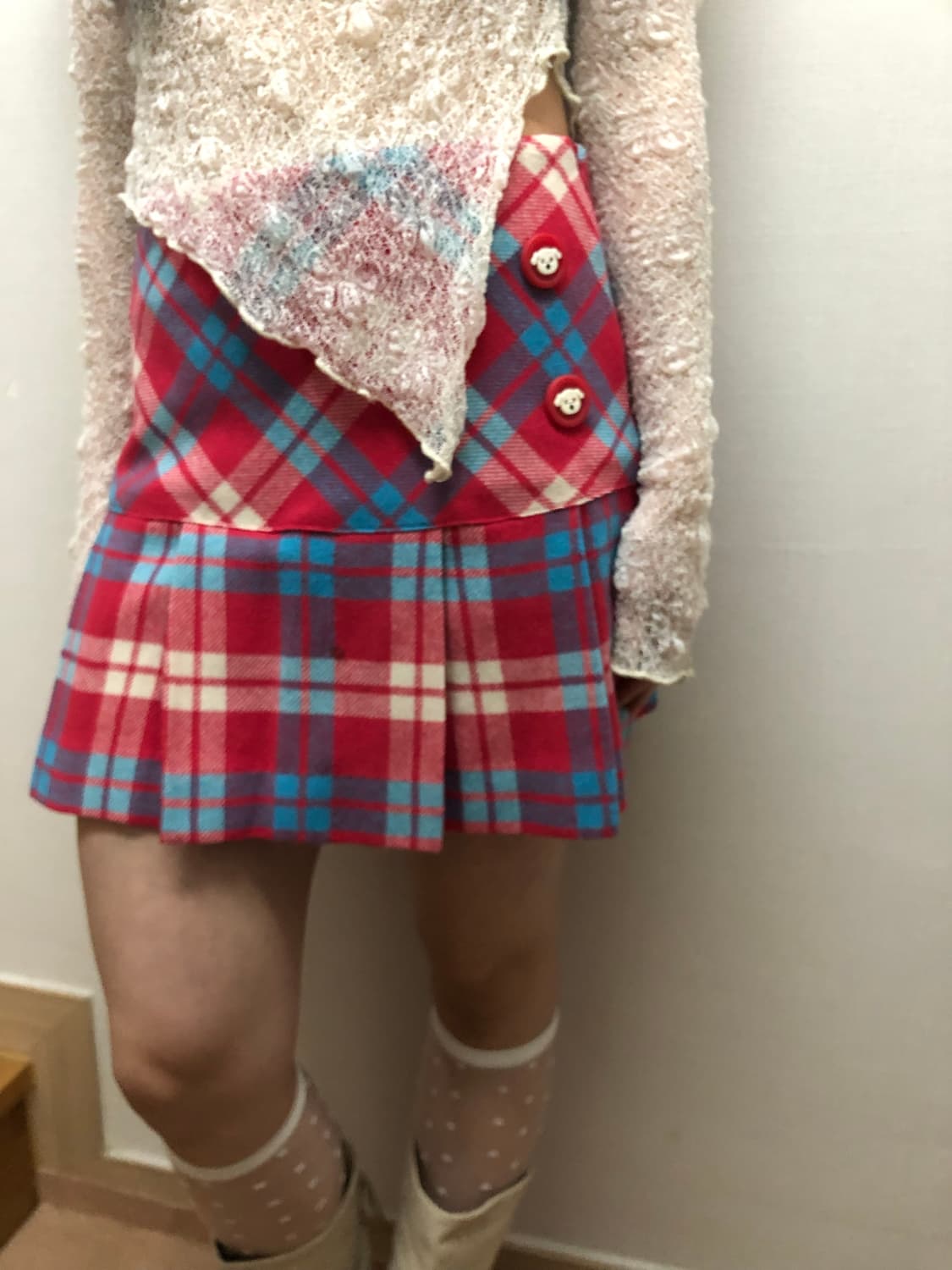 빈티지 핑크 블루 체크 미니 플리츠 스커트 상품이미지5