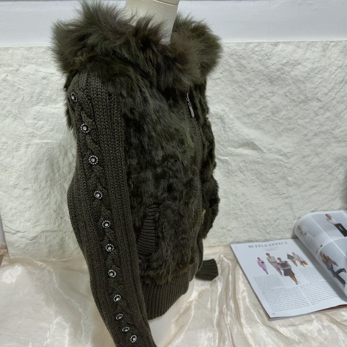 빈티지 말차티  토끼털 후드집업 큐빅 니트자켓 상품이미지3