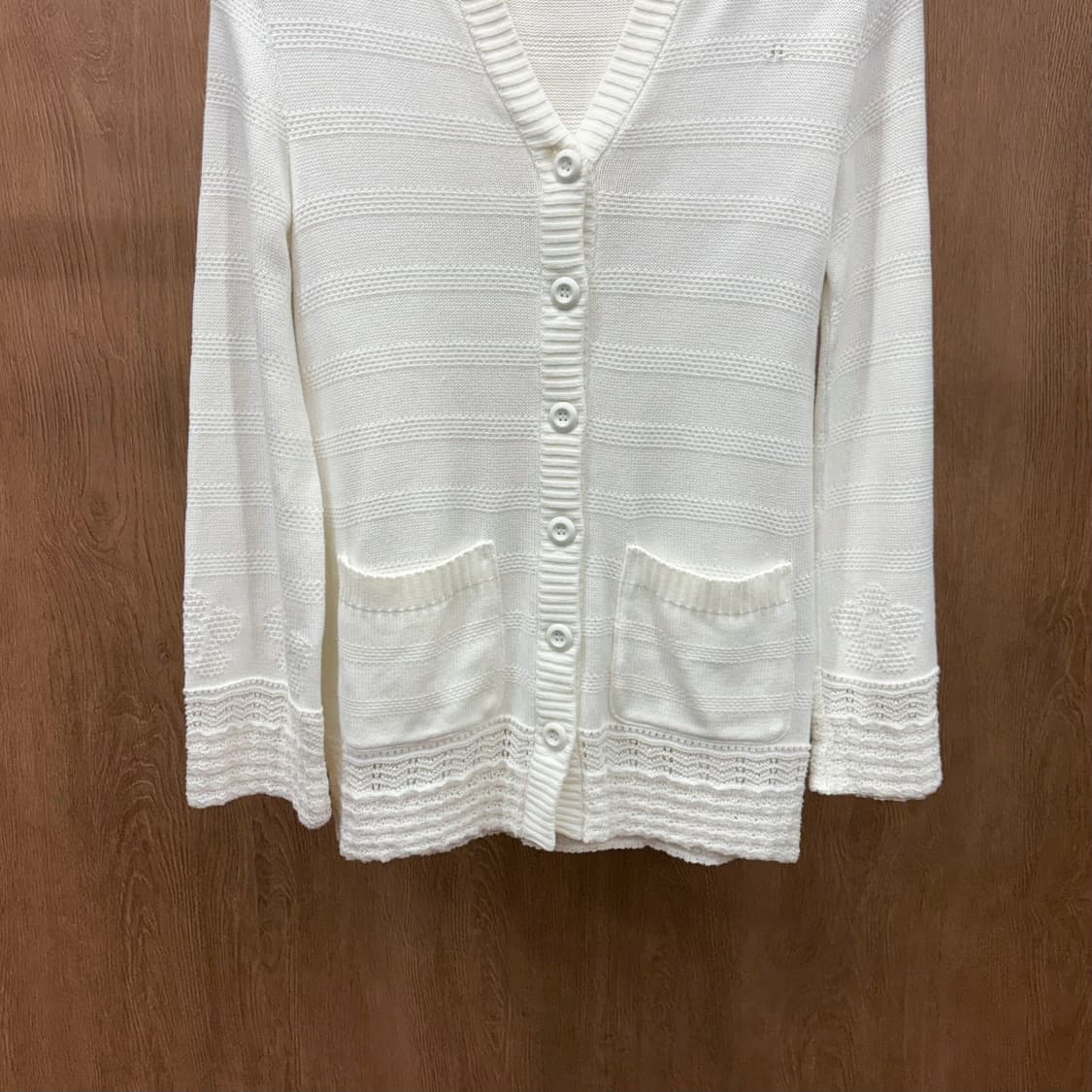 메리퀀트 런던 후드 니트 가디건 스트라이프 레이스 조직 디테일 화이트 상품이미지5