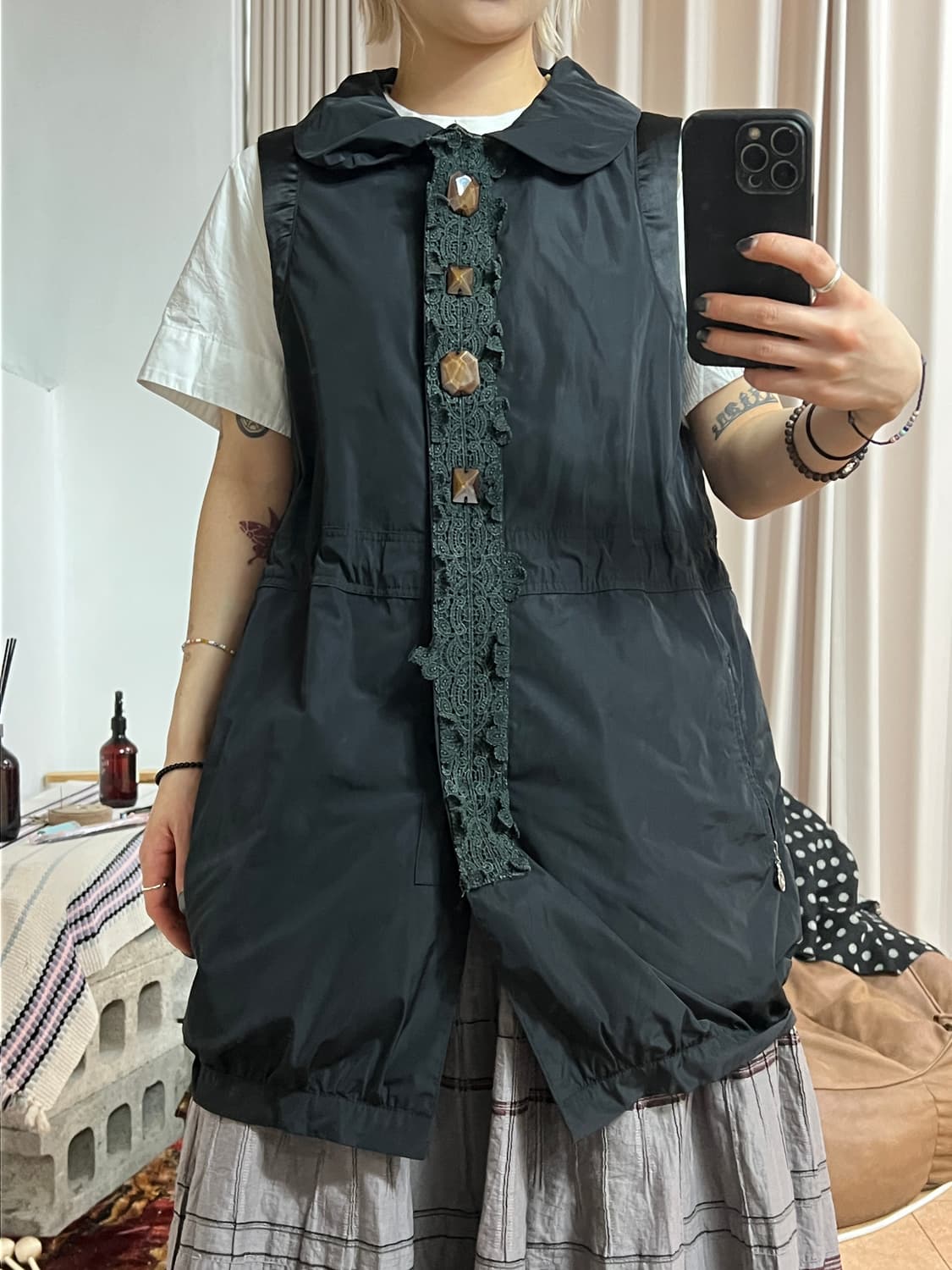 빈티지 여성 왕버튼 카라 롱 바람막이 베스트 자켓  상품이미지1