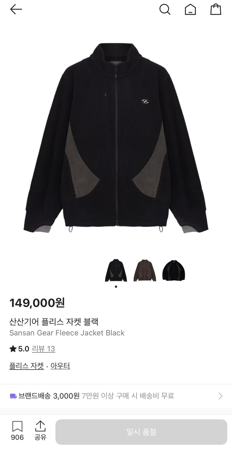 산산기어 24fw 플리스 자켓 블랙, 브라운 삽니다!! 상품이미지1