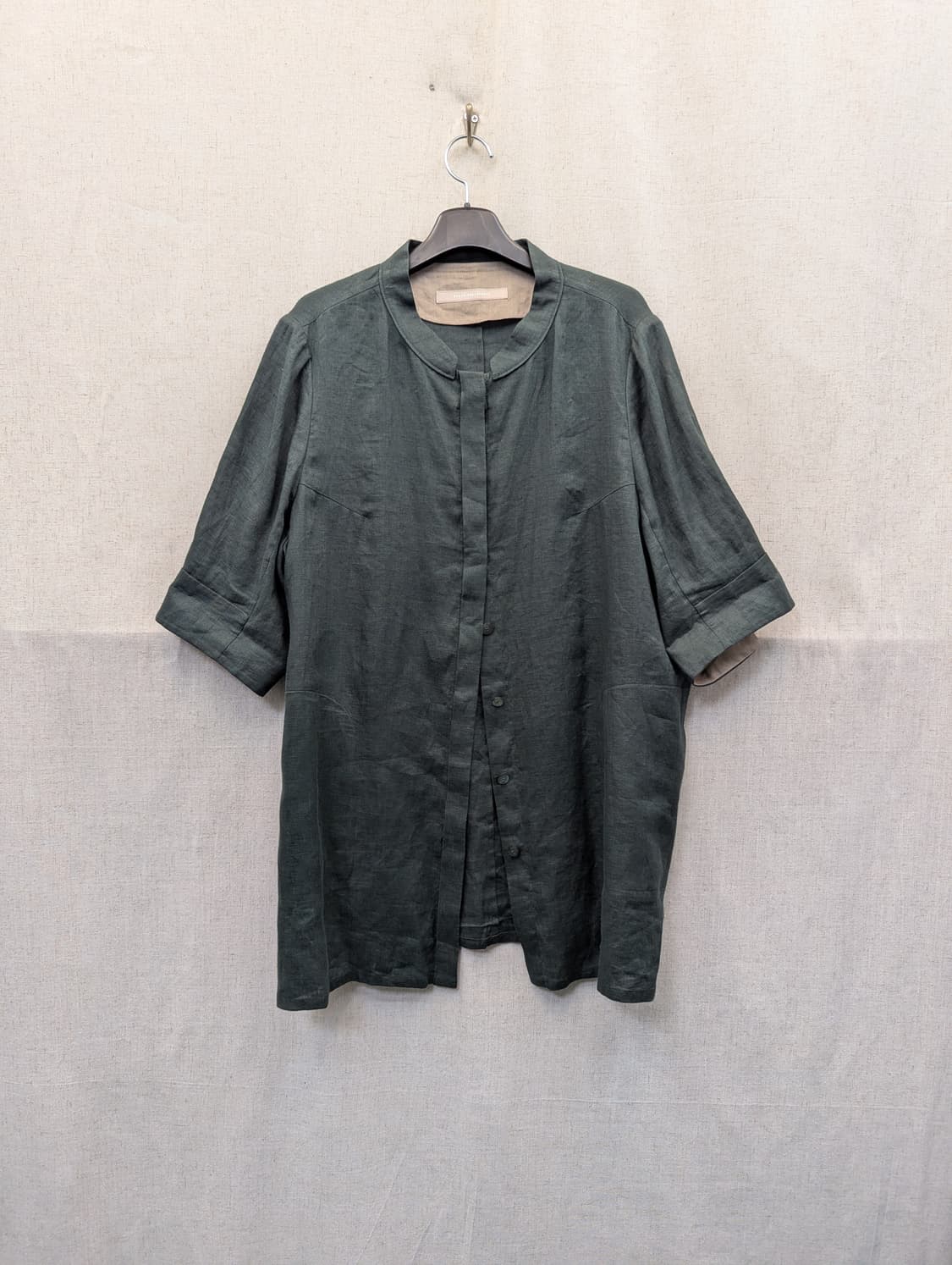 Prendang 차이나넥 린넨 반팔 셔츠 그린 상품이미지1