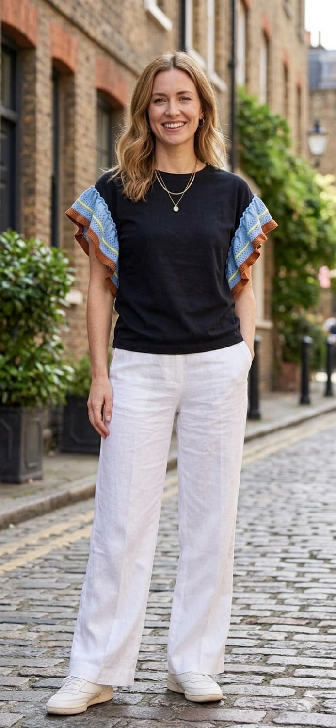 [Ray BEAMS/M] 레이 빔즈 배색 프릴 소매 티셔츠 상품이미지1