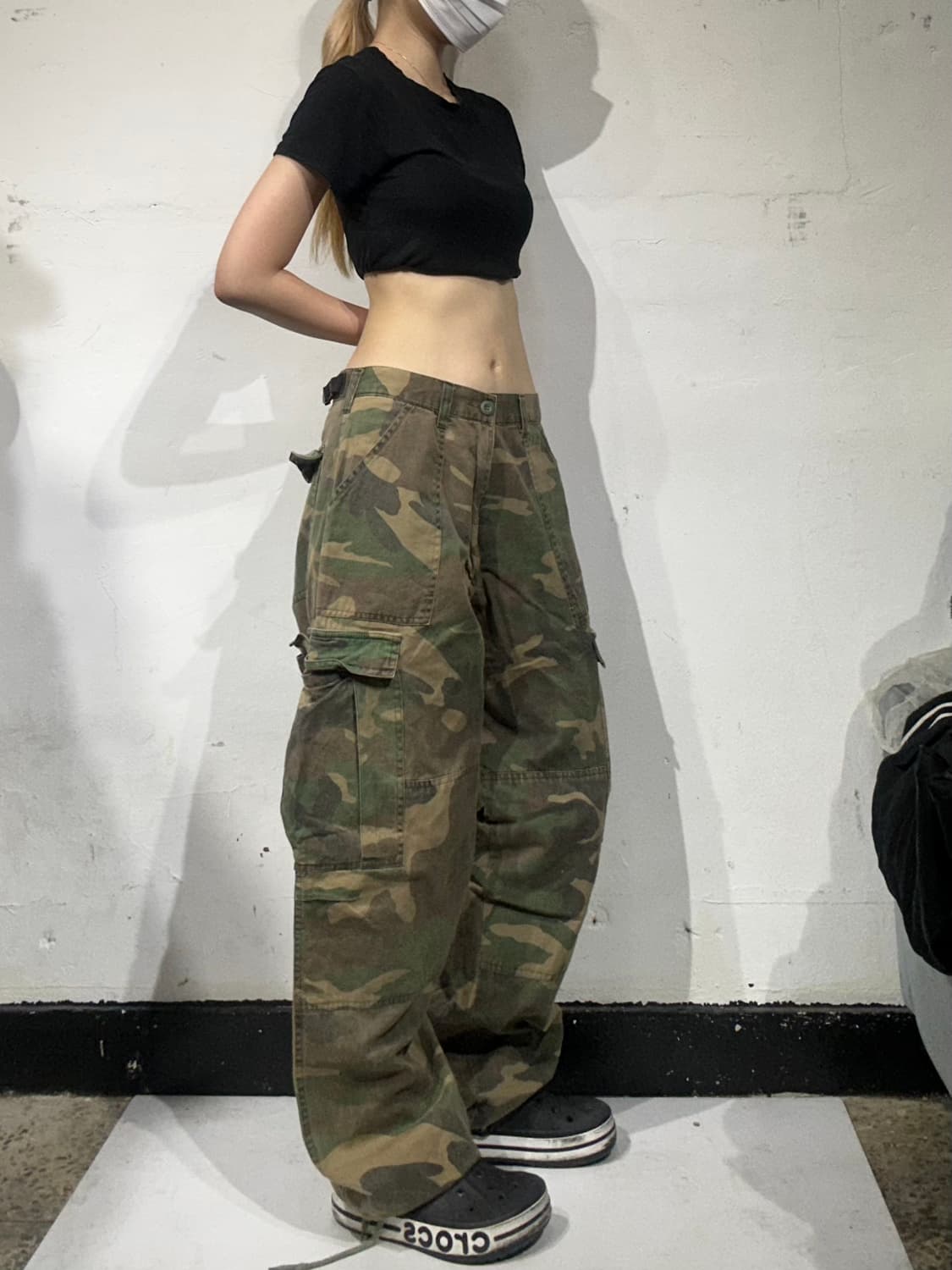 일본 빈티지 베이지 카모 와이드 카고 팬츠 M 상품이미지1