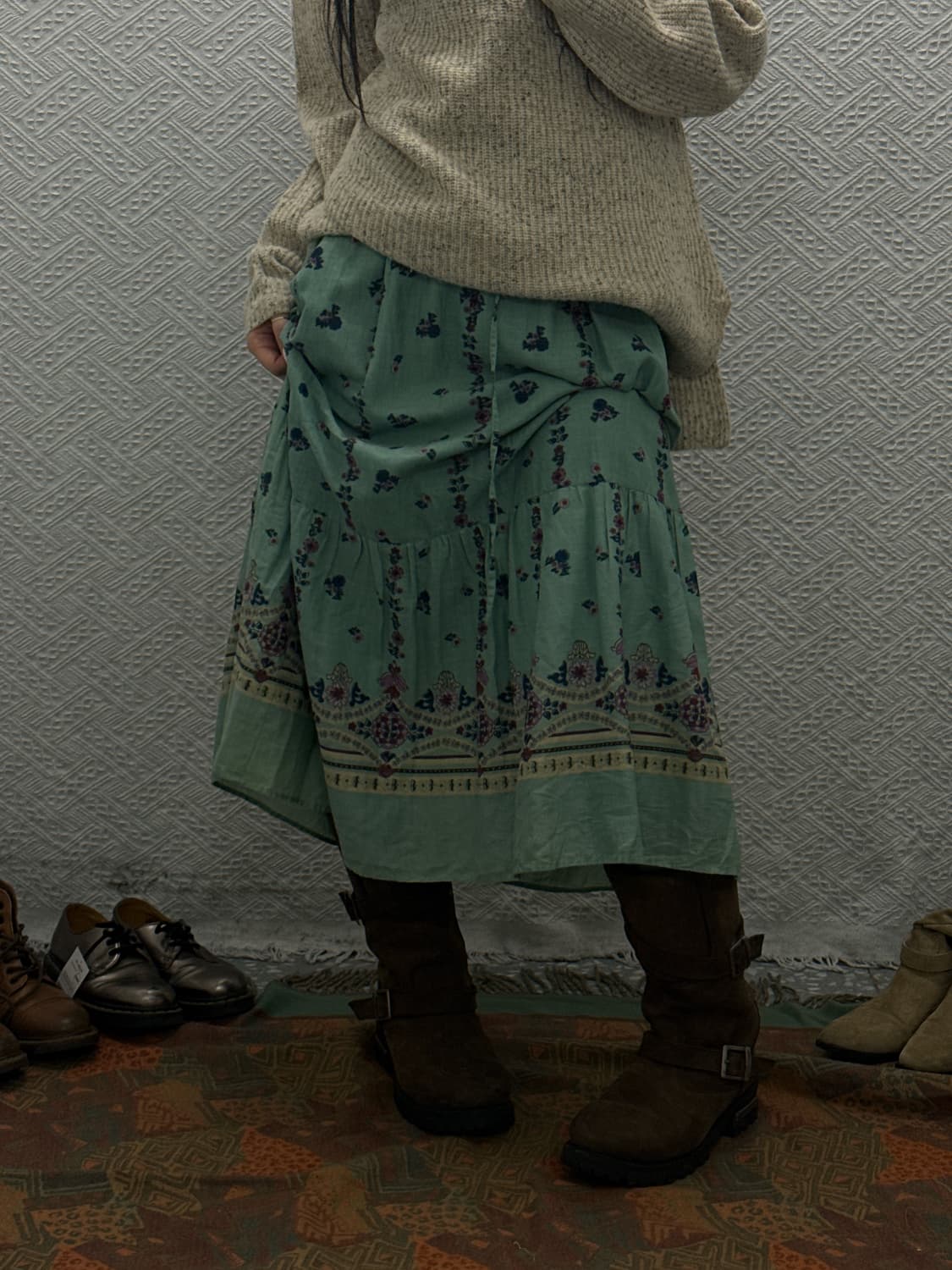 빈티지 레트로 90'S 잔꽃 민트코어 셔링 플레어 롱스커트 K0070 상품이미지2