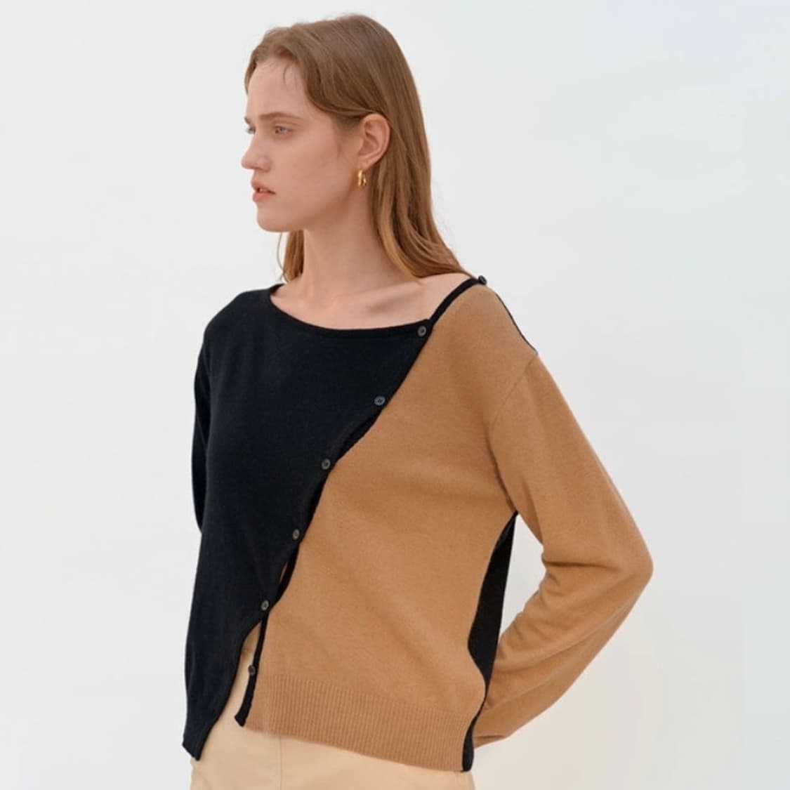 다이애그널 캐시미어 언발란스 가디건 베이지 상품이미지2