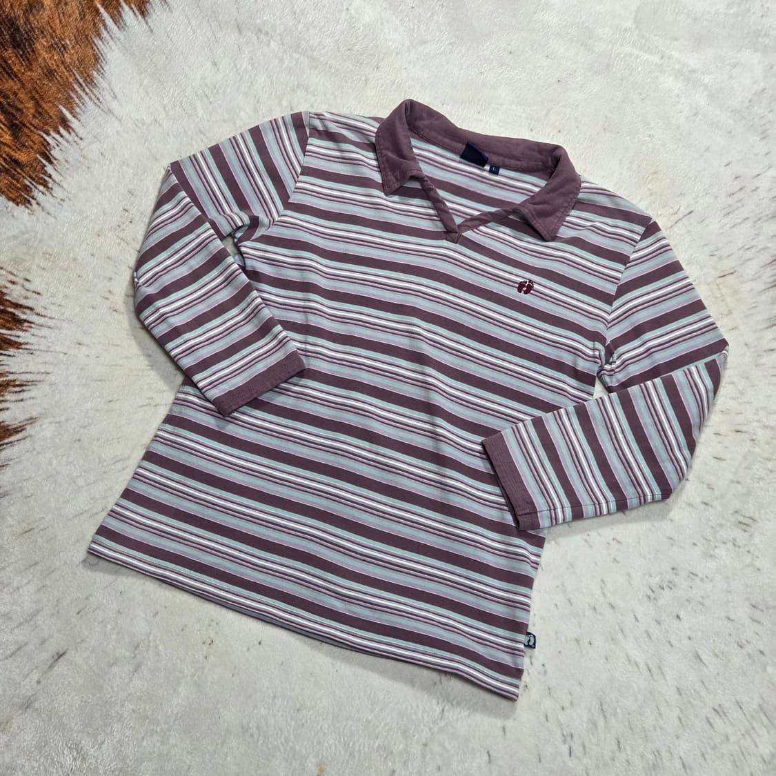 일본 빈티지 퍼플 스트라이프 7부 카라 티셔츠 상품이미지1