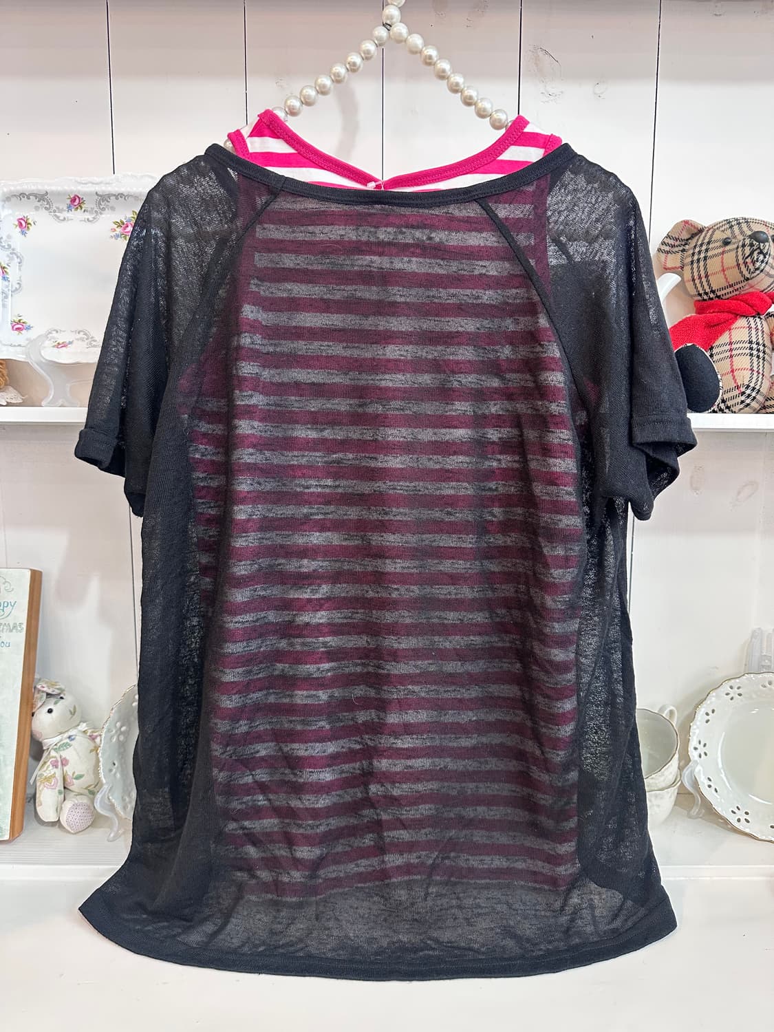 시스루 블랙 티셔츠 + 핑크 스트라이프 나시 세트 상품이미지2