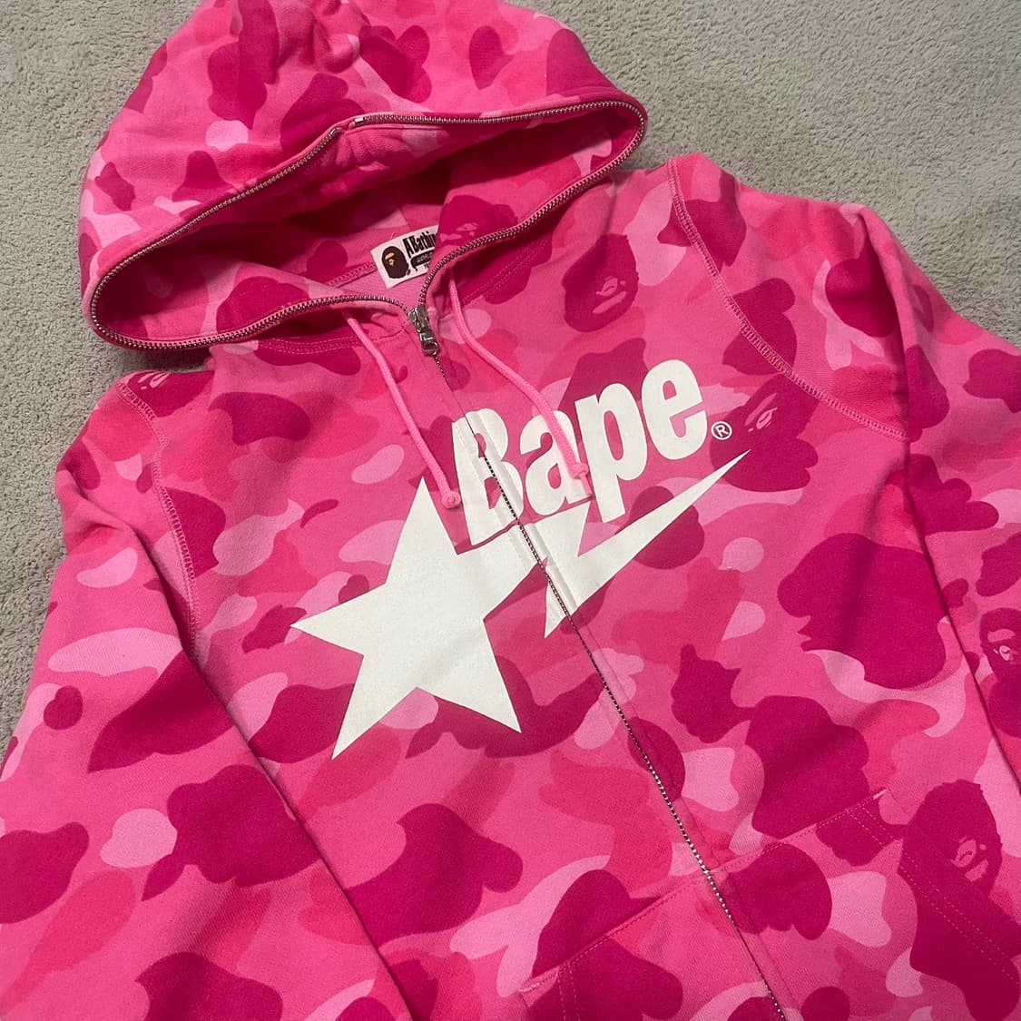 S 최상) 베이프 스타 로고 딸기우유 핑크 카모 후드 집업 상품이미지2