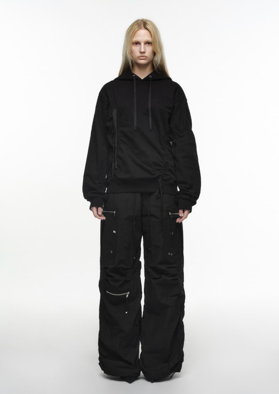 나체 퍼커링 카고 트랙 스트링 팬츠 블랙 상품이미지3