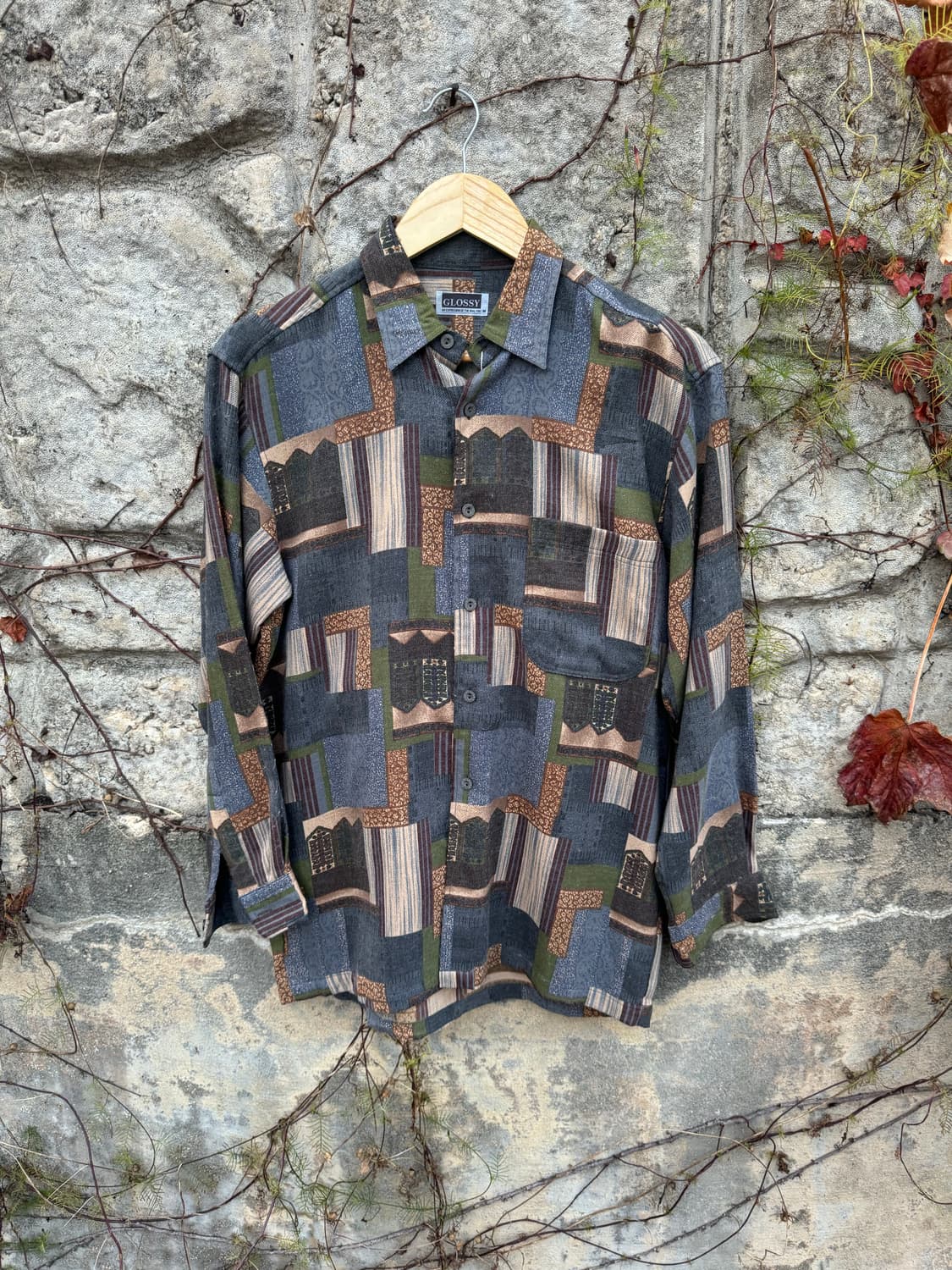 일본 빈티지 폴리 코튼 혼방 에스닉 패턴 셔츠 m 상품이미지1