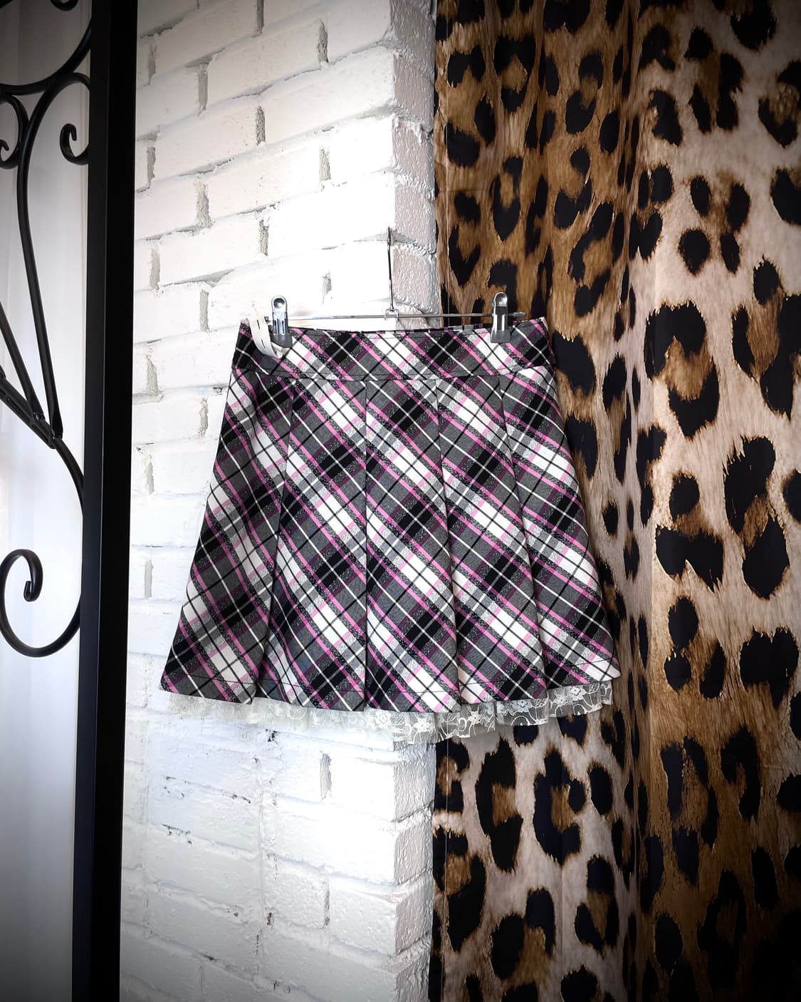 JPN 갸루 체크 패턴 핑크 그레이 스커트 상품이미지1