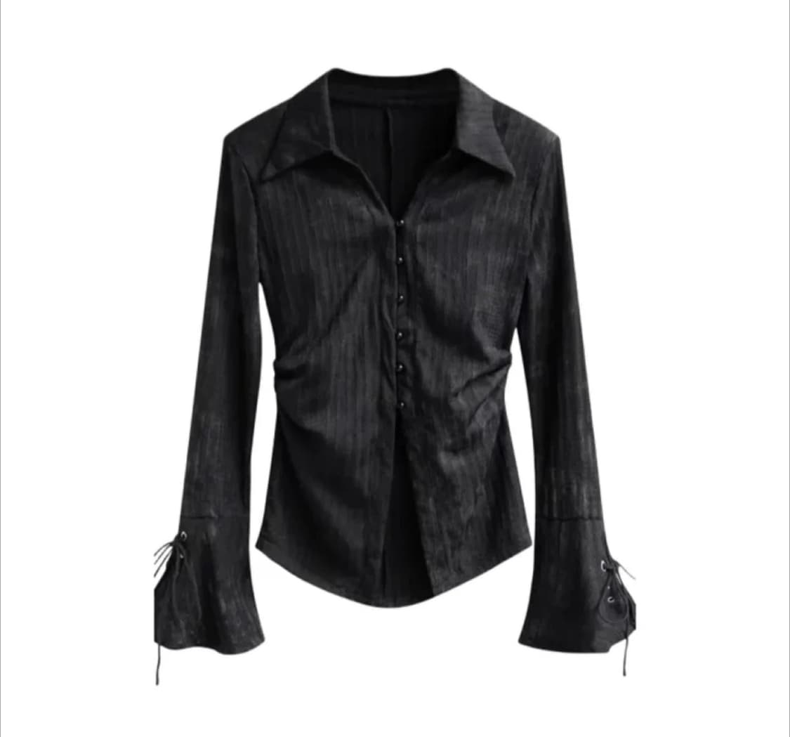 블랙 메일라드 빈티지 플레어 긴팔 셔츠 블라우스 상품이미지1