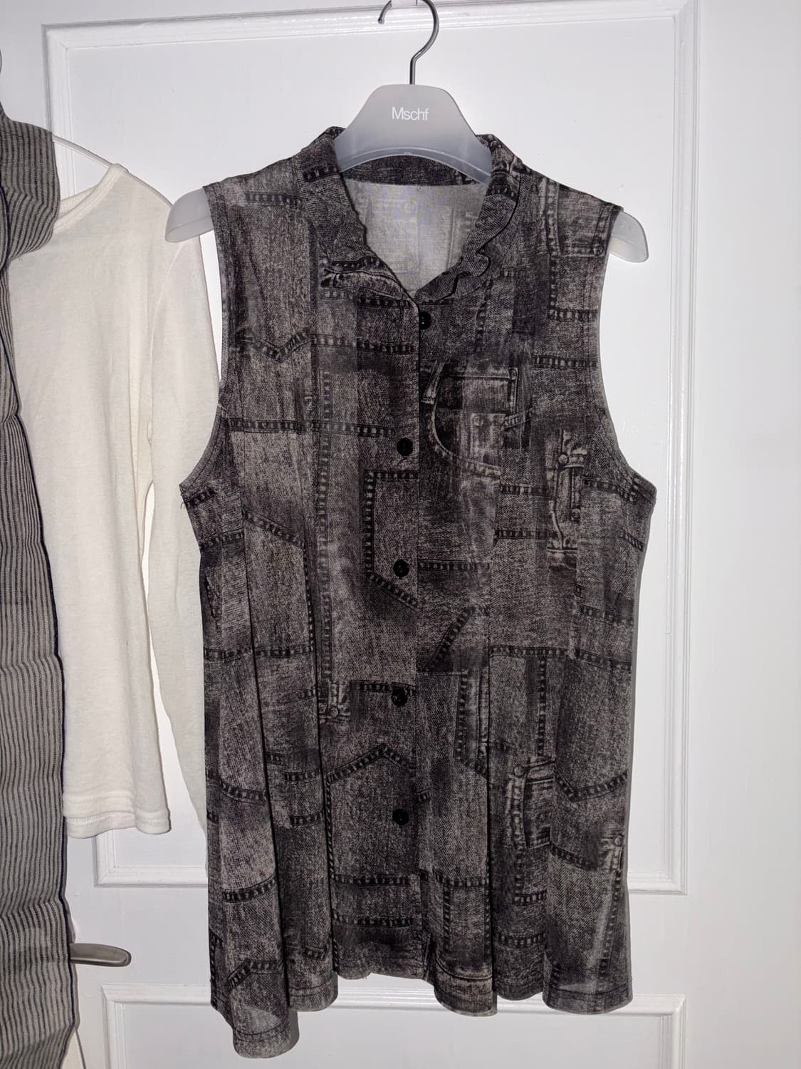 빈티지 데님 패턴 메쉬 민소매 블라우스 상품이미지1