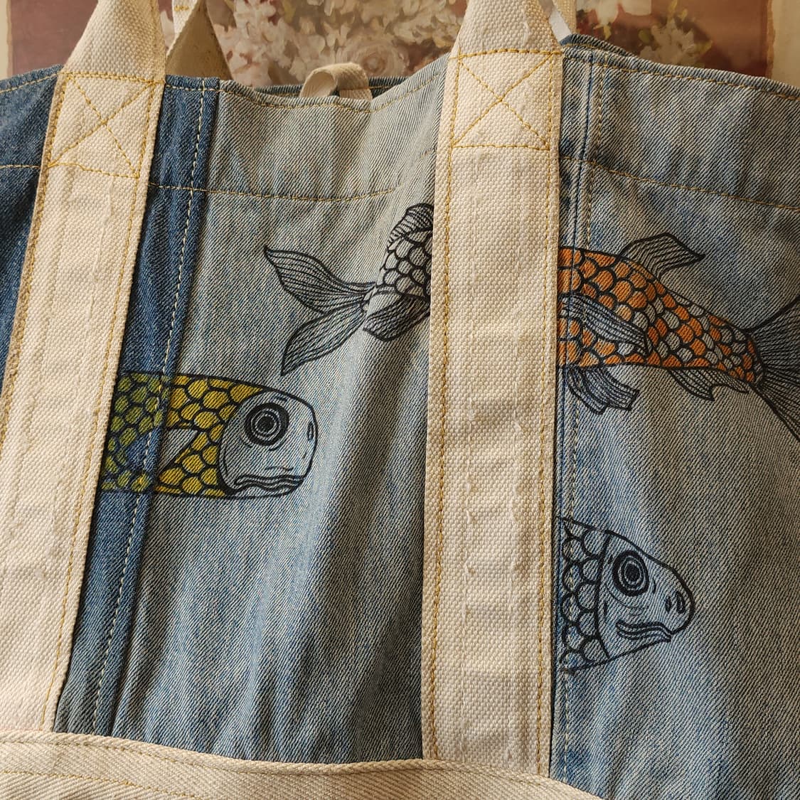 핸드 드로잉 빅사이즈 캔버스 데님 토트백 빈티지 더플백 리메이크 상품이미지5