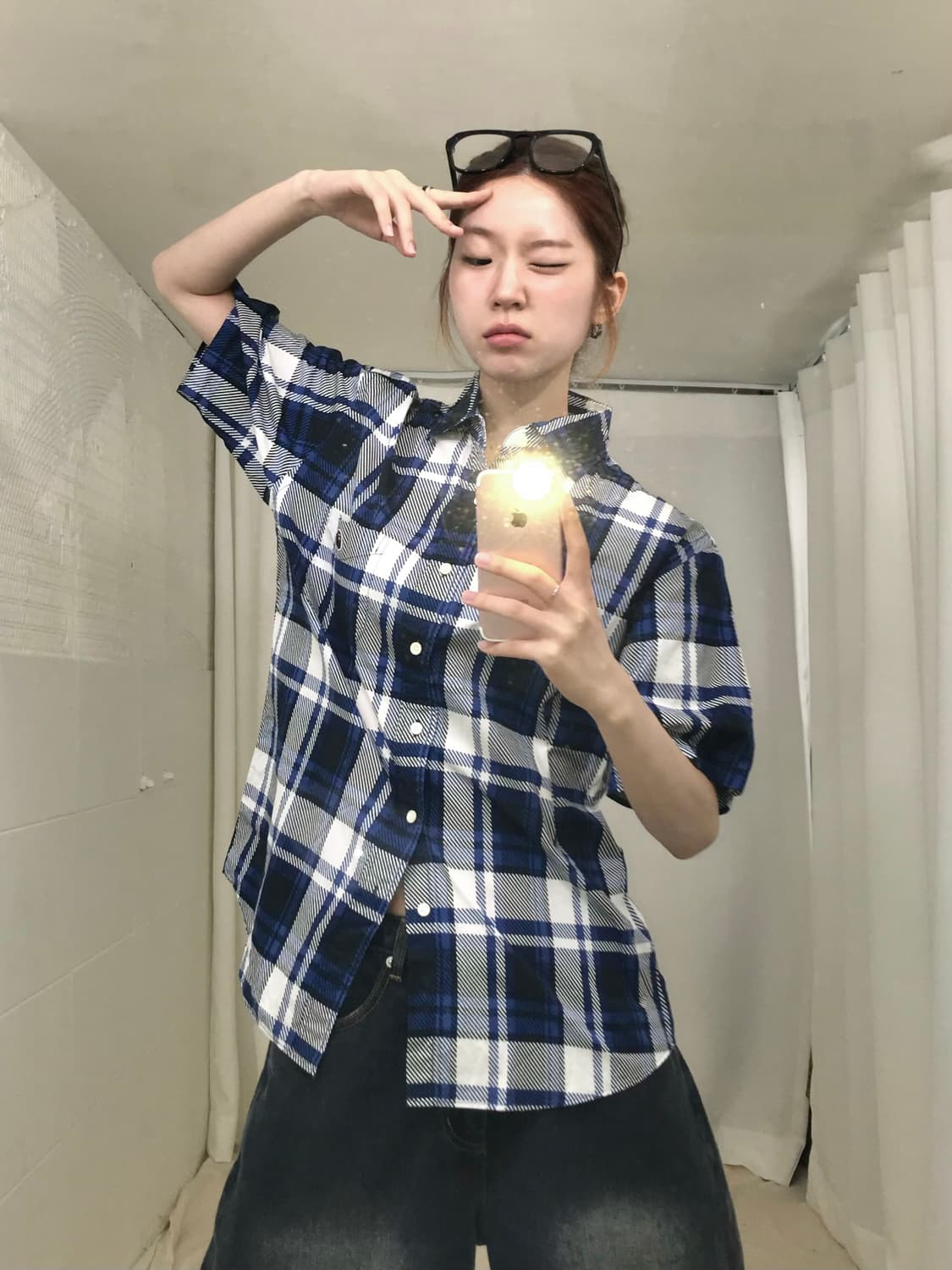 베이프 블루 체크 반팔 셔츠 상품이미지1