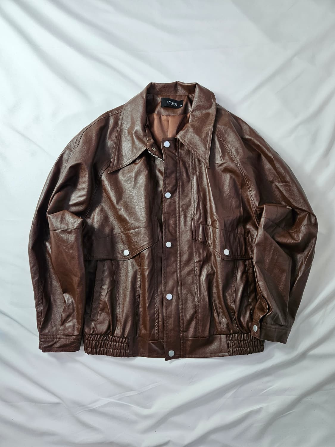 씨더 CIDER 크롭 레더 브라운 블루종자켓 가죽자켓 바이커 M 상품이미지1