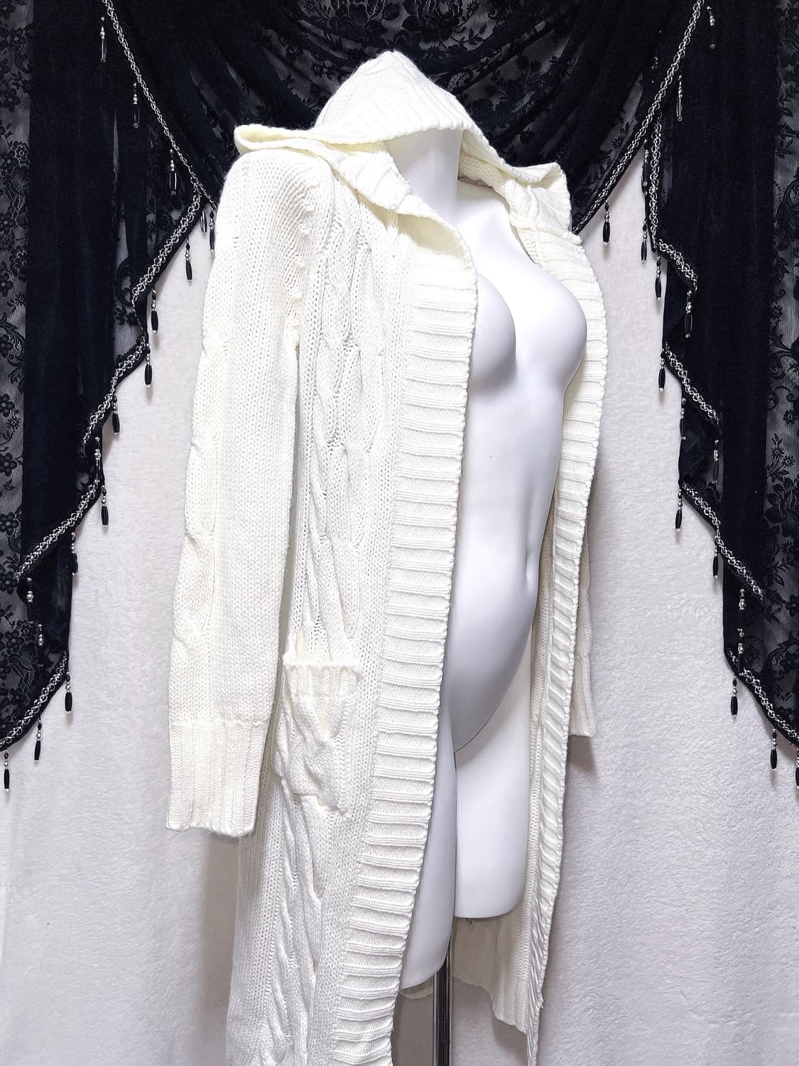 화이트 니트 꽈배기 후드 롱가디건 달천 로맨틱갸루 로걀 윈터페어리 핀터 상품이미지4