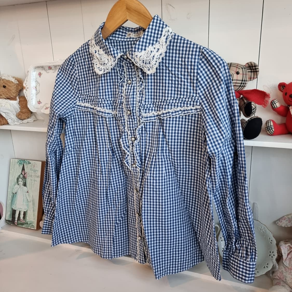 네이비 깅엄 체크 레이스 카라 블라우스 상품이미지4