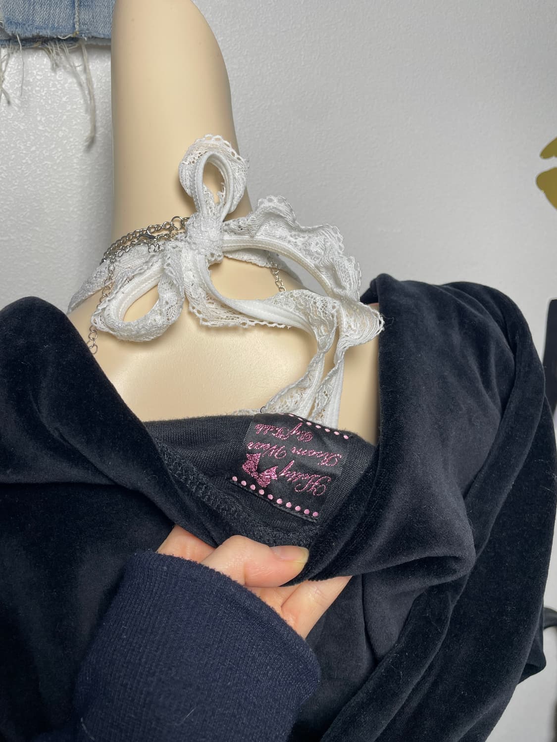 갸루 러블리 블랙 핑크 벨벳 후드집업 상품이미지6