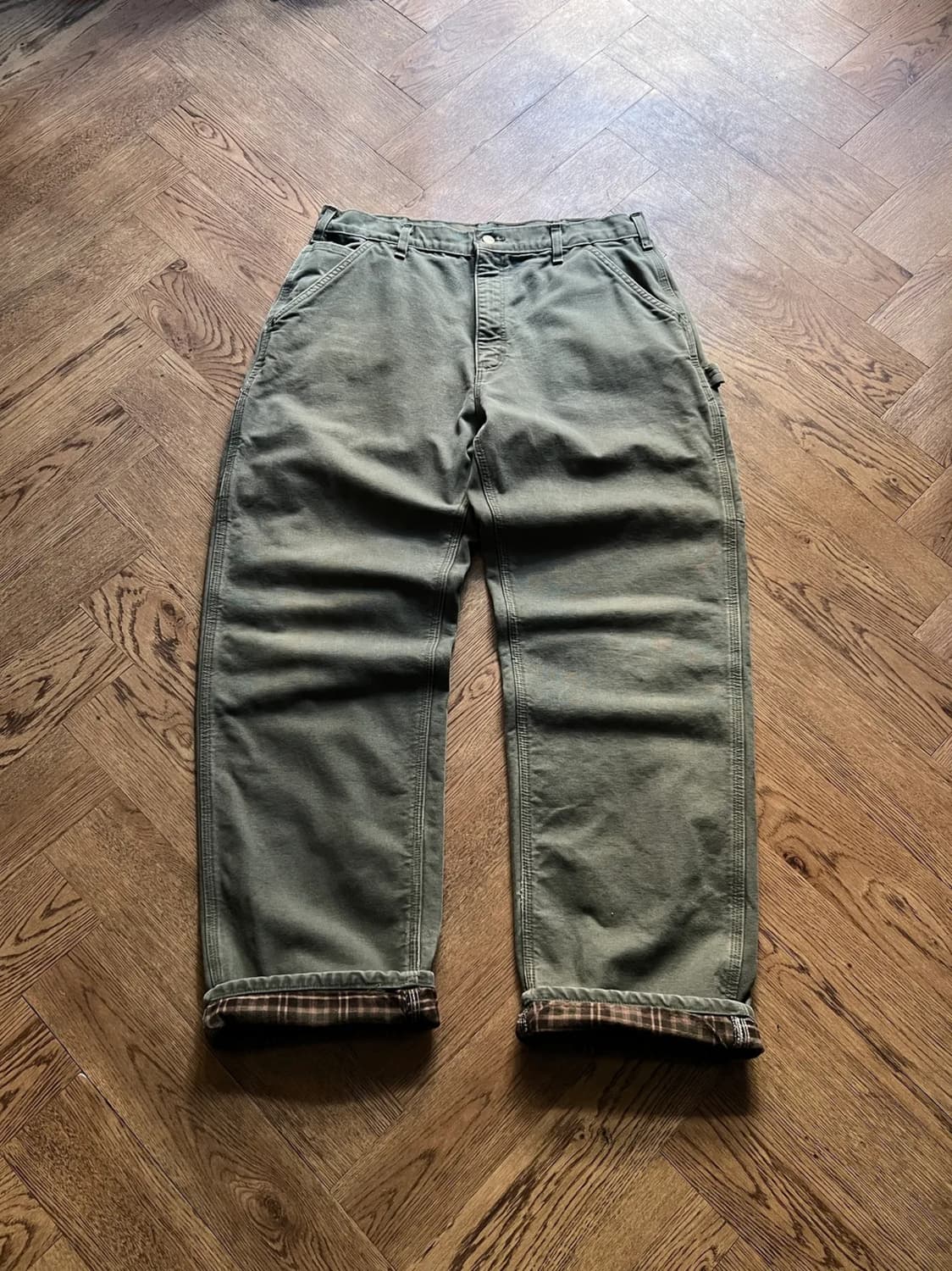 [36]칼하트 USA 체크 라이닝 모스그린 카펜터 워크 팬츠 M11 상품이미지1